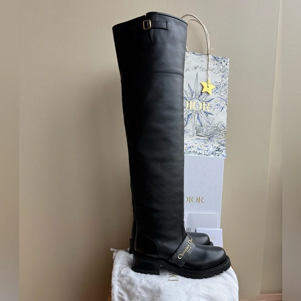 NWT Christian Dior D-Quest Thigh Black Leather Boots, size 37 (US 6-6.5) - Picture 5 of 17